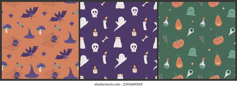 set of patterns for halloween holiday. suitable for prints, fabric, wrapping paper and other design. tykyf, candles, a spider, a skull, sweets and more are depicted. vector patterns. flat style