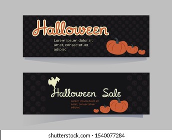 Set of patterns for Halloween. Horizontal covers or postcards in cartoon style turtles, pumpkins on a black background. Party invitation or discount banner. With place for text