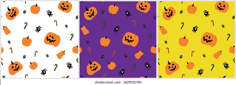 A set of patterns for Halloween, perfect for packaging and decoration, holiday design. Face of pumpkins, colorful lollipops and cute spiders on a white, purple and yellow background.