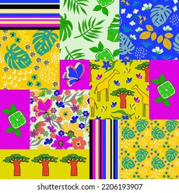 Conjunto de patrones con elementos africanos dibujados a mano: baobabs, jirafas, flores tropicales, mariposas. Un mosaico creativo y colorido. Diseño superficial. Vector.