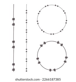 Set of Patterns Hand drawn floral elements. Line pattern and round line border, flowers on line. Floral Wreath round frame. Floral circle vector isolated on white background. For wedding invitations.