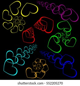 Set patterns of hearts and linear spiral. Bright cheerful hearts set on a black background in a variety of forms.