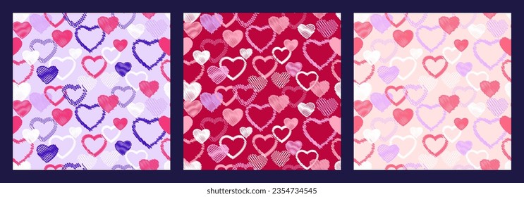 Set of patterns with hearts. Pattern with hand drawn hearts and texture heart. Vector hand drawn hearts intertwined in a seamless pattern. Vector design for paper, cover, fabric, interior decor 