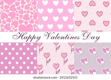 Set of patterns with hearts.Collection of vector seamless patterns for Valentine's Day.