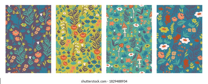 Set of  patterns with herbs and mushrooms.Vector graphics.