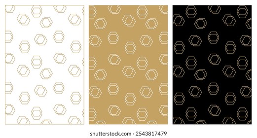 Set of patterns with hexagon, crosses, stripes, lines. Seamless vector background. White, gold and black ornament. Modern reticulated graphic design.