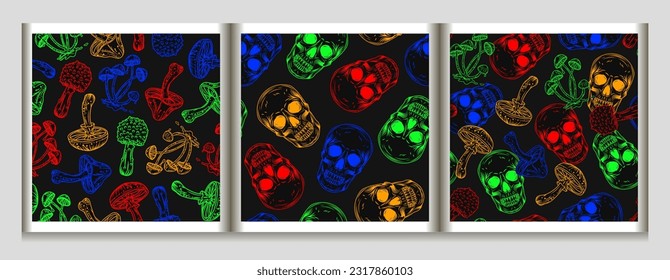 Set of patterns with human skull, fantasy mushrooms in bright neon fluorescent colors. Outline inverted illustrations for groovy, hippie, mystical design