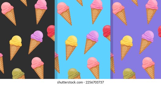 Set of patterns with ice cream in cartoon style. Package design. Vector stock illustration. Cover for textiles and packaging.