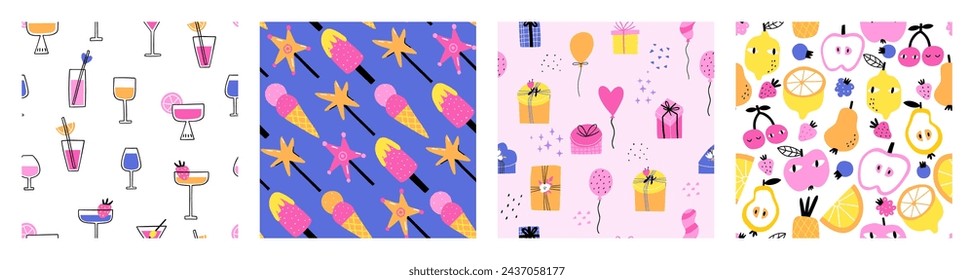Set of patterns with ice cream, drinks, gifts and fruits. Celebration, birthday, summer. Vector illustration in flat style.