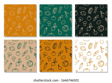 A set of patterns of icons of various vegetables in a flat linear style. Bright and contrasting colors. Original patterns for wrappers, packages, and fabrics.