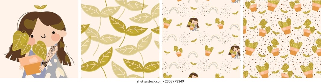 Set of Patterns and Illustration of a Girl with Flowers, Plants, Cactus. Modern design for paper, cover, fabric, interior decor and other users.