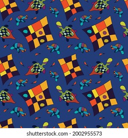 Set of patterns and illustration with turtles and jellyfish on a dark blue, white and blue background. Ornament for childrens design, print, textile, wallpaper.