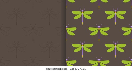 A set of patterns with the image of dragonflies. Illustration.