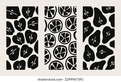 A set of patterns with the image of hand-drawn abstract fruits: apples, oranges, pears. Design for decor. Vector illustration.