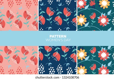 Set of patterns for the International Women's Day with the decor of flowers on a blue-green, soft pink and blue background. Windy illustration