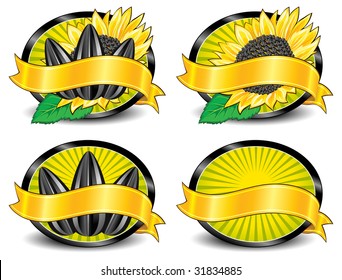 Set of patterns for label with sunflower seed, arm, packing, vector illustration