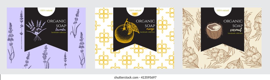 Set of patterns, labels and logo design templates for hand made organic soap packaging. 