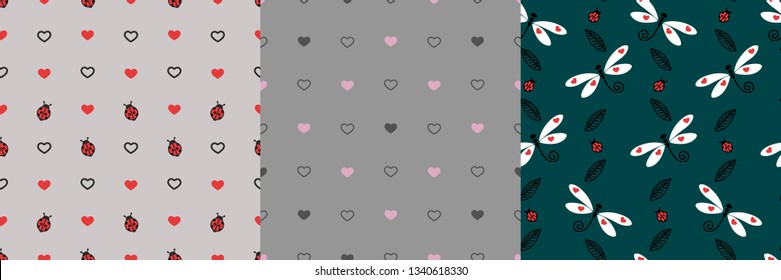 set of patterns ladybird dragonfly heart gray green pastel insects summer