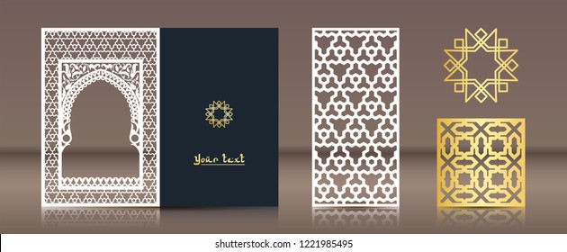 A set of patterns for laser cutting. Postcard, bookmark, gold medallion in oriental traditional style. Elements of Muslim design for creating covers, gold stamping, folders.