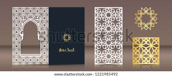 A set of\
patterns for laser cutting. Postcard, bookmark, gold medallion in\
oriental traditional style. Elements of Muslim design for creating\
covers, gold stamping,\
folders.