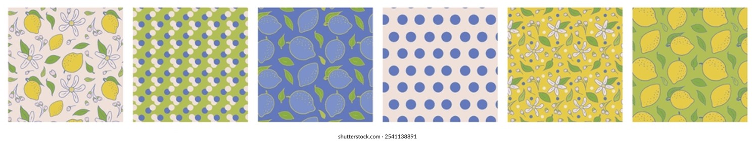 Set of patterns with lemon and pink flowers and polka dot pattern in trendy style. Abstract seamless vector background. Blue, green, yellow and rose color wallpaper. Print on fabric and textile. 
