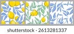 A set of patterns with lemons and leaves. This pattern is perfect for fabric, wrapping paper, or product design. Vector illustration