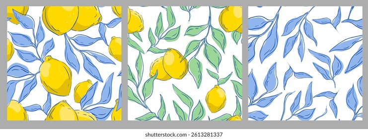 A set of patterns with lemons and leaves. This pattern is perfect for fabric, wrapping paper, or product design. Vector illustration