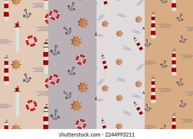 Set of patterns with lighthouse, lifebuoy, anchor