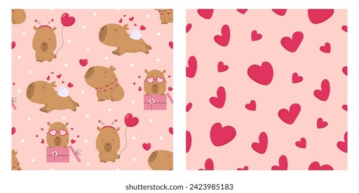 Conjunto de patrones con bonito capibara y corazones