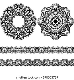Set of patterns of mandalas and decorations to the brim. Vector illustration of oriental style with Indian, Arabic, Turkish, Islamic patterns on a white background