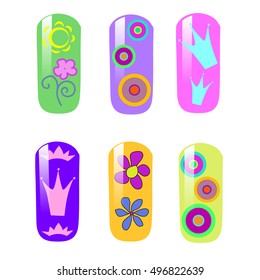 set patterns for manicure   set colored painted nails  manicure  isolated white background  Nail design  nail art vector set  Vector illustration nail polish in different hues