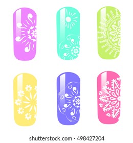set of patterns for manicure, set of colored painted nails. manicure. nail polish. isolated on a white background. Vector illustration of nail polish in different hues.Nail design, nail art vector set
