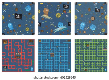 Set patterns and Maze in pirate style for children. Symbols of piracy - pirate hat, swords, treasure chest, ship, black flag, skull and crossbones, helm, rum barrel, gold coins. Vector illustration 