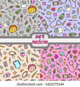  set patterns medical color doodle sketch pills device equipment pharmacy treatment  background