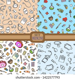 set patterns medicine color doodle sketch pills devices equipment treatment seamless background pharmacies