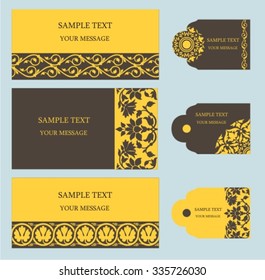 Set of patterns with a medieval ornament for greeting cards, labels, booklets, invitations. Vector illustration. The palette of brown, yellow