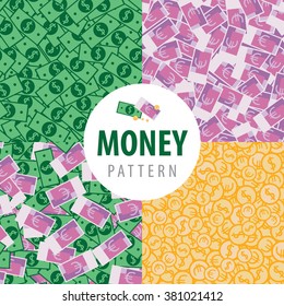 Set of patterns with a lot of money such as euro, dollars, coins and euro with dollars. Vector illustration