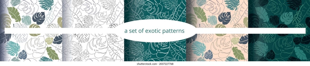 Un conjunto de patrones de monstera y plantas exóticas, en diferentes colores.Para tejidos decorativos, para imprimir folletos, carteles, fiestas, diseño textil vintage, postales, embalaje.