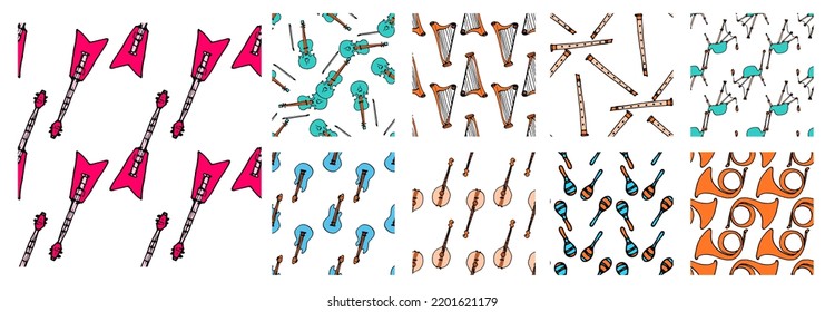 a set of patterns from musical instruments. patterns of guitar, violin, bagpipes, flute, harp, horn, often arranged on white. Hand drawn doodle musical in blue orange and pink colors