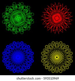 Set of patterns for napkins. Geometric symmetrical circular patterns in bright colors