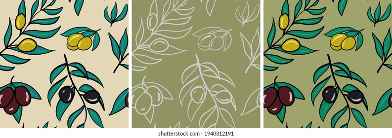 A set of patterns with olives and olive branches on a green and beige background. Hand drawing.