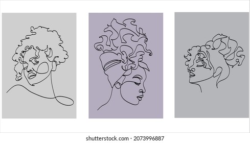 Set of patterns with one line. Vector black women. African American feminine logo. Contour line. Minimalistic face. Beauty saloon