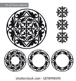 Conjunto de patrones y ornamentos de los pueblos nómadas de Asia Central, mascota de patrón circular, mandala. Bellos patrones kazajos, kirguisos, mongoles