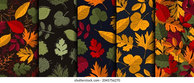 Set of patterns with overlapping colorful autumn leaves. Vector illustration.