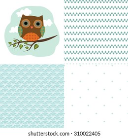Set of patterns with owl, polka dot and abstract shapes
