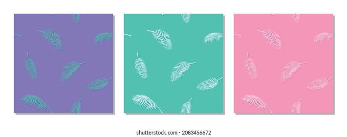 A set of patterns with palm branches. Purple, turquoise and pink background. Tropical. Vector illustration in a flat style. For design, background, textiles, wrapping paper