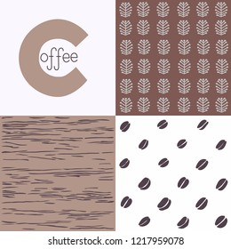 Set of patterns, pastel, brown color, coffee, nature, separate elements, hand drawing, textiles, vector illustration