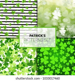 Set Of Patterns For Patricks Day Irish Holiday Seamless Backgrounds With Clover Leaves Vector Illustration