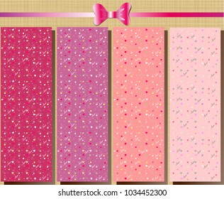 Set of patterns of pink shades with hearts and an inscription, love, on a beige background with a texture and a pink ribbon with a bow.