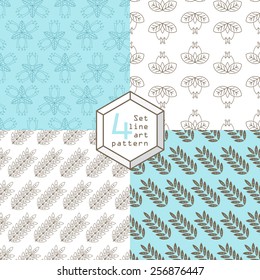Set of patterns of plant line art. Consists of a flower, tulip, bell, lily, leaves, spike